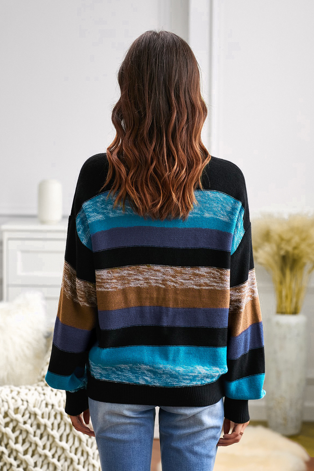 stripes hit color long-sleeved round neck casual knitted sweater  NSSI10374