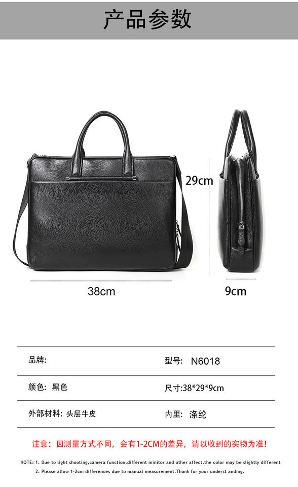 Túi xách nam da bò thật dung tích lớn 38×29×9 cm, túi công sở đeo chéo một vai — Màu đen chi tiết 8