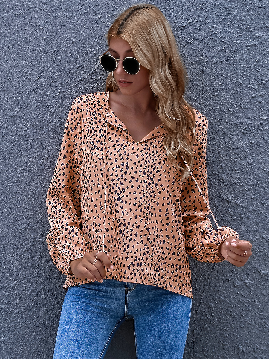 Leopard Printed Long Sleeve V-Neck Loose Shirt NSAL1920