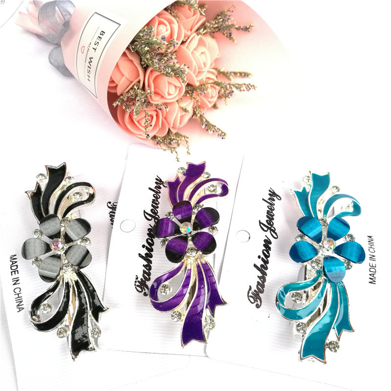 Korean style alloy spring drip clip top clip Gem Flower inlaid rhinestone 8cm horizontal clip fashion new ponytail clip wholesale