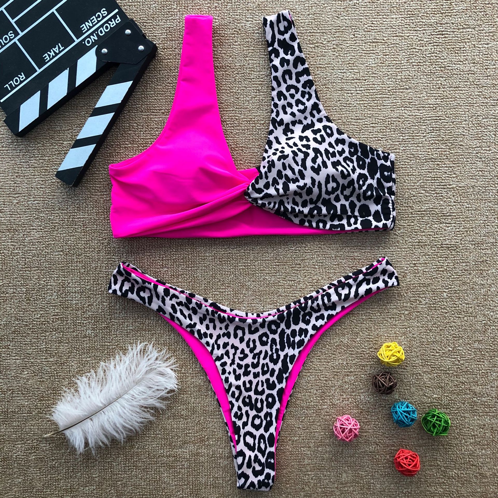 hot sale split stitching sexy gathered triangle leopard bikini NSZO1400