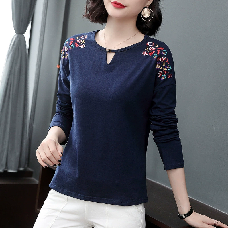 Женская свободная футболка с длинными рукавами, новая весенняя хлопковая Футболка 2023 года, Модная стильная тонкая внешняя Базовая рубашка для матери среднего возраста