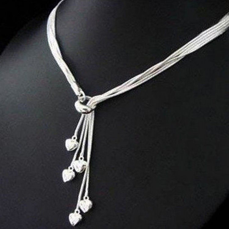 Silver Plated Heart Tassel Necklace And Bracelet Jewellery Set_voghion.com
