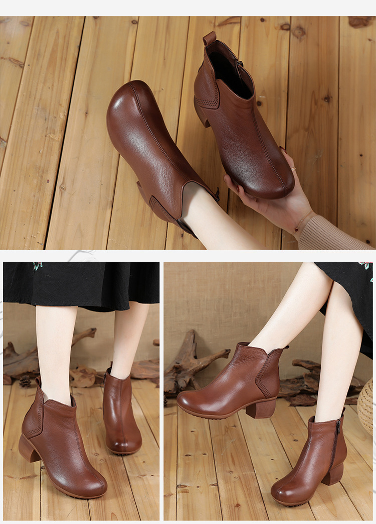 Vintage Style Genuine Leather Women Boots Flat Booties Soft Cowhide Women's Shoes