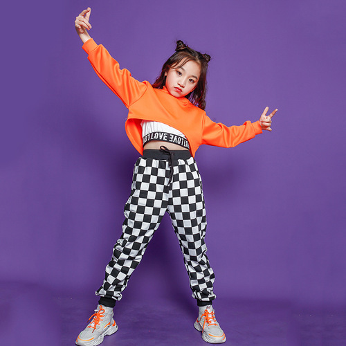 orange plaid Girls street dance costumes Rapper singers hiphop costumes for girls hip-hop show dress tide kids street dance suit 