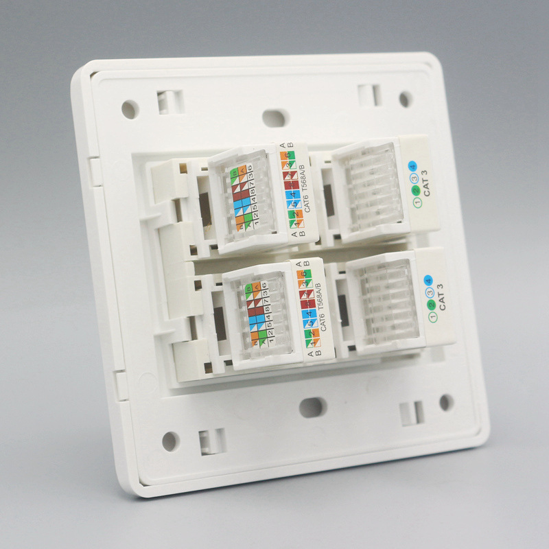 86型四口网络电话插座2个RJ45六类千兆电脑网口网线加2个电话面板