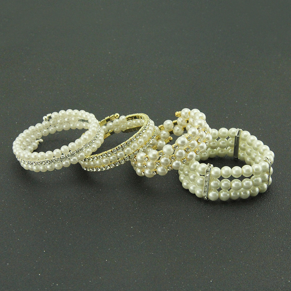 Fashion Personality Diamond-studded Pearl Three-layer Wide Bracelet display picture 1