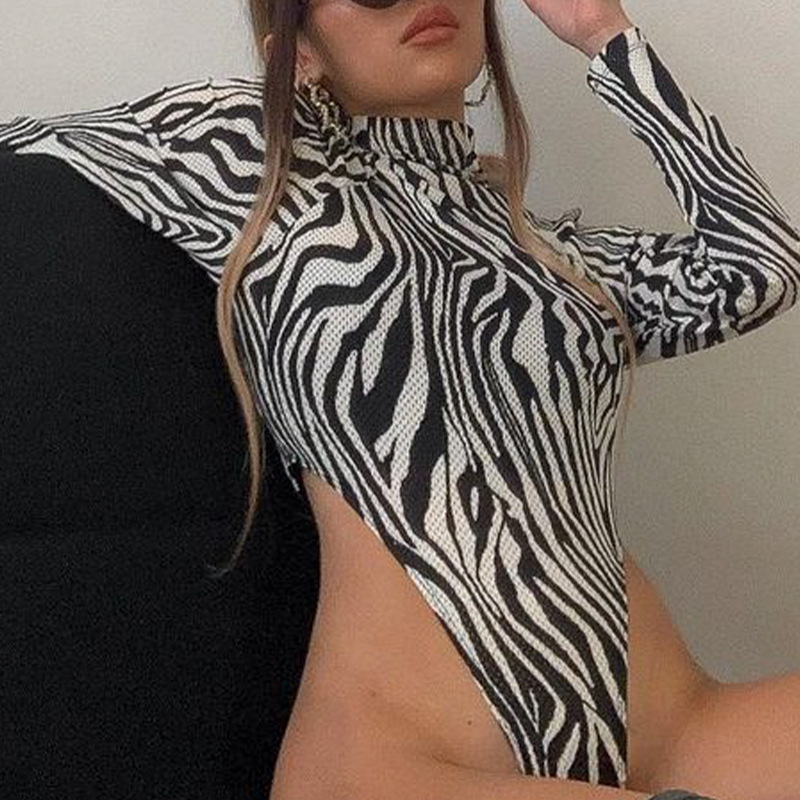 spring slimming high neck waist zebra print bodysuit NSMEI55095