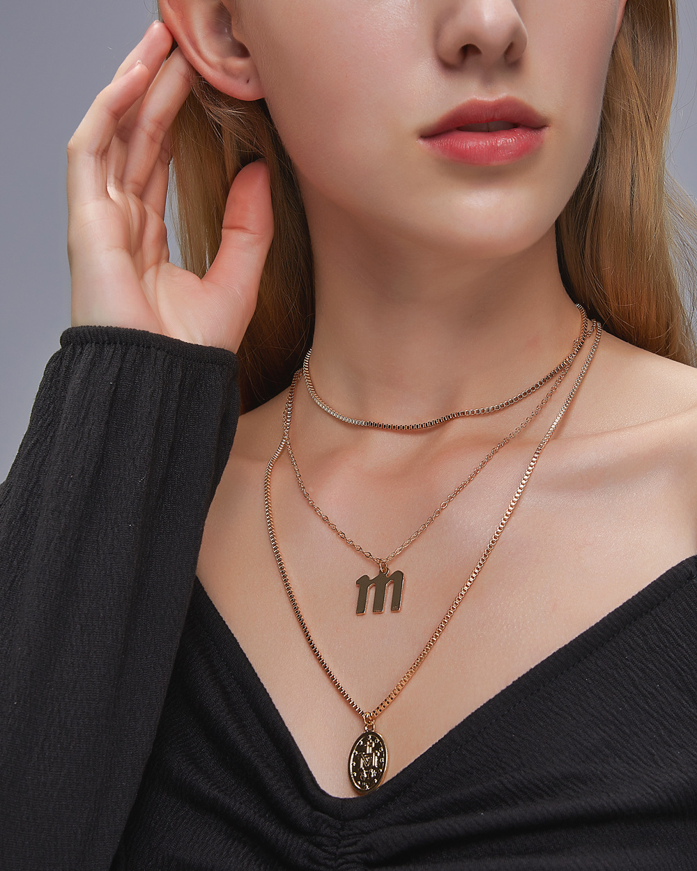 New Retro Religious Three-layer Metal Long  Multi-layer Letter Idol Alloy Necklace display picture 3
