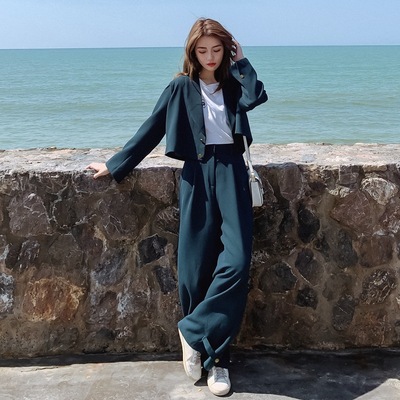 现货ins轻熟帅气蓝色西装领短外套高腰阔腿长裤时髦显瘦两件套女|ru