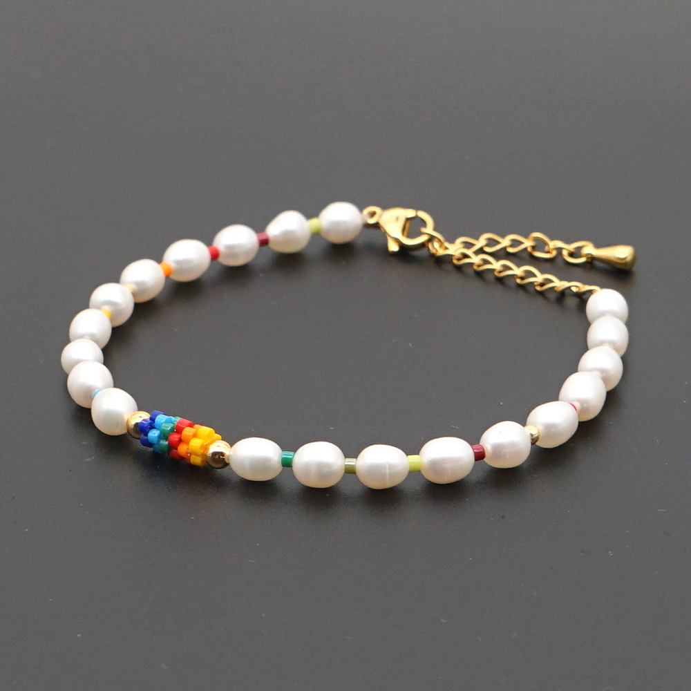 Fashion niche baroque natural freshwater pearl wild rainbow imported Miyuki rice bead braceletpicture7