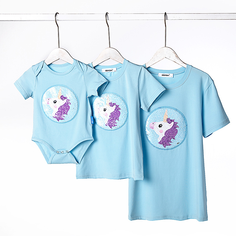 亲子装可变图珠片一家三四口母女母子家庭装棉短袖T恤亲子运动套