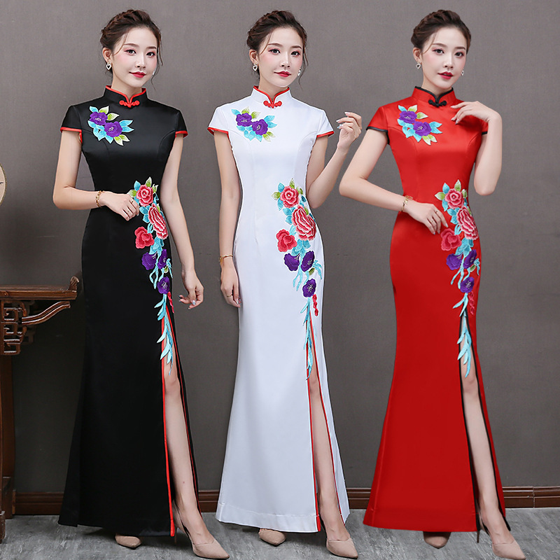 Ceremonial Women Chinese dresses Cheongsam dress Tang performance dress Women Chinese dresses Cheongsam skirt slit collar