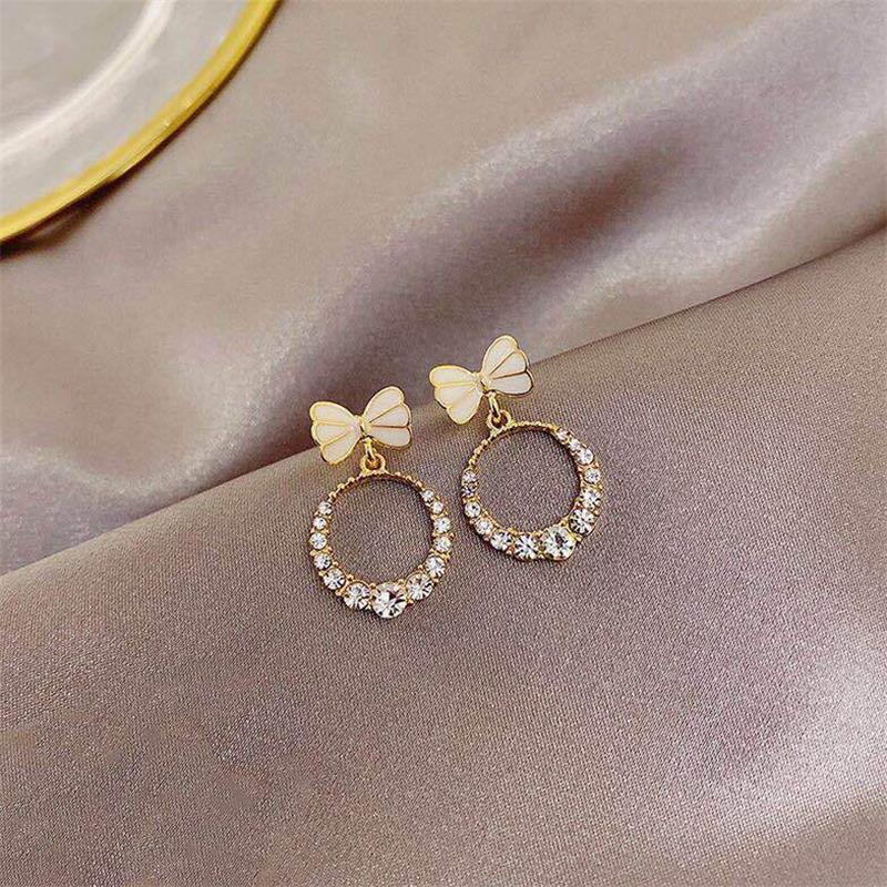 S925 Silver Needle Korean Circle Bow Simple Short Diamond Wild Earrings display picture 2