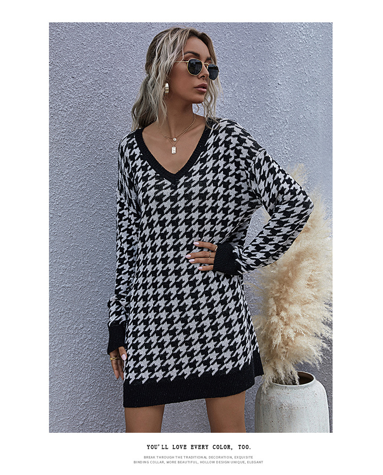 women s retro houndstooth v-neck OL knitted mid-length sweater dress nihaostyles wholesale clothing NSDMB79425