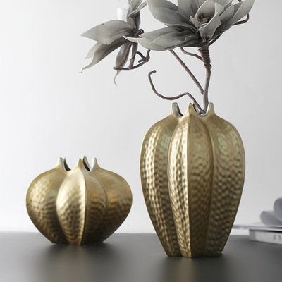 樣板間售樓處客廳桌面裝飾插花花瓶 現代輕奢家居金色花器擺設