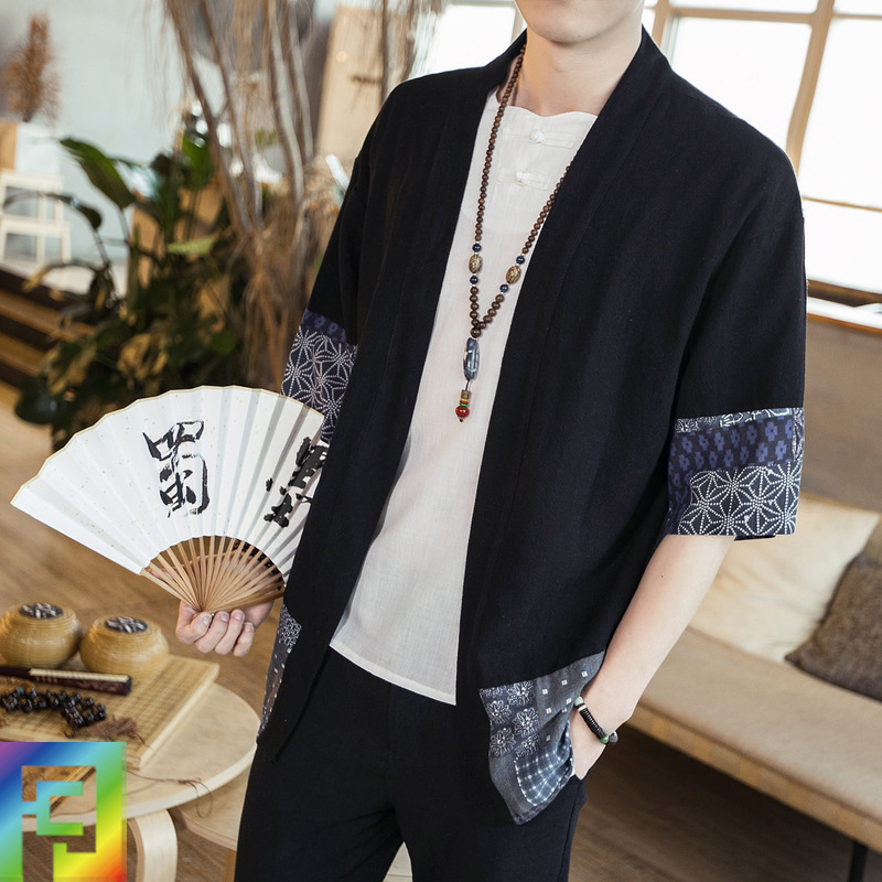Chinese Style Men's Dao Robe Stitching Cropped Sleeve Shirt Cotton and Linen Men's Hanfu Cardigan Summer Loose Large Size Kimono