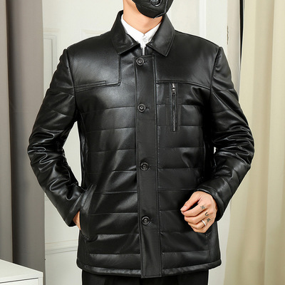 中老年真皮皮衣男头层绵羊皮加绒冬季外套翻领爸爸羽绒服款皮夹克|ru