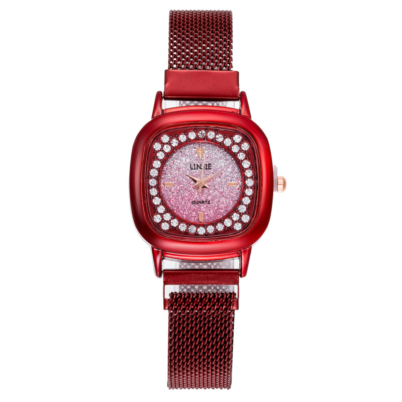 Orologio con cinturino in rete da donna con borchie quadrate, versione coreana, di fascia alta, versione coreana, semplice e versatile, con quadrante diamantato femminile_voghion.com