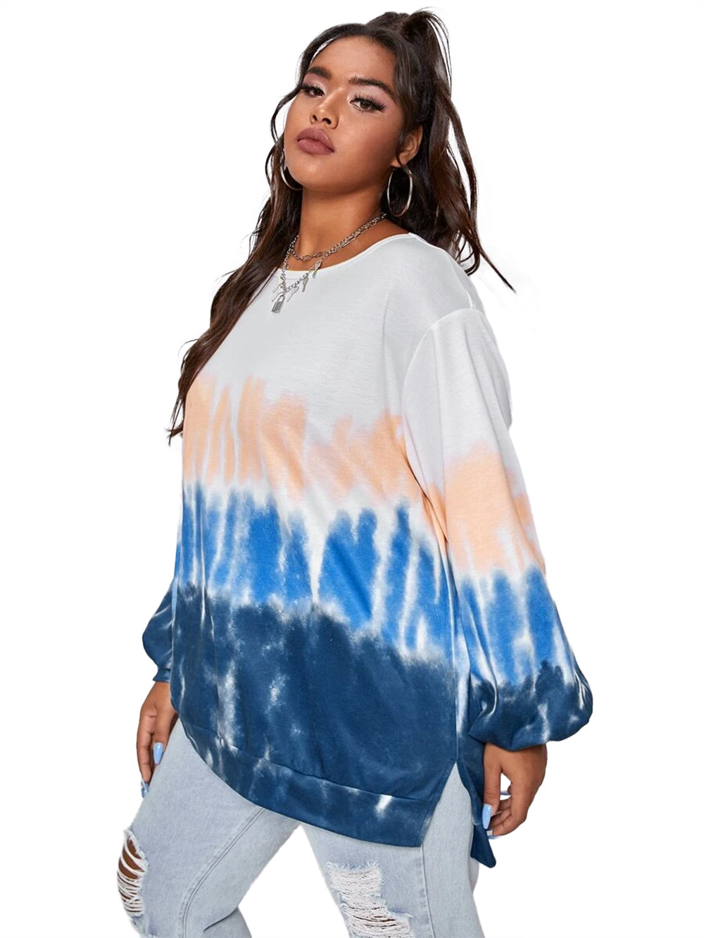 autumn and winter women s new style stitching casual round neck loose gradient tie-dye long-sleeved sweater  NSDF3274