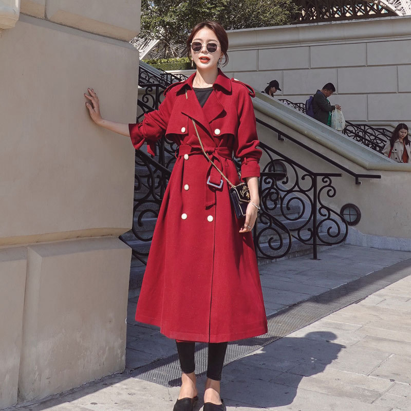 2020秋冬新款酒紅色風衣女中長款過膝英倫風氣質黑暗系小個子外套