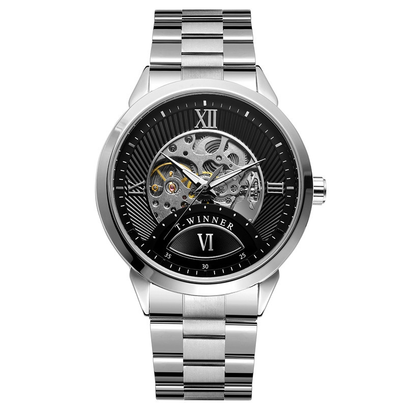 Winner8183 reloj mecánico automático para hombres reloj mecánico de negocios correa de acero reloj mecánico de fondo transparente hueco