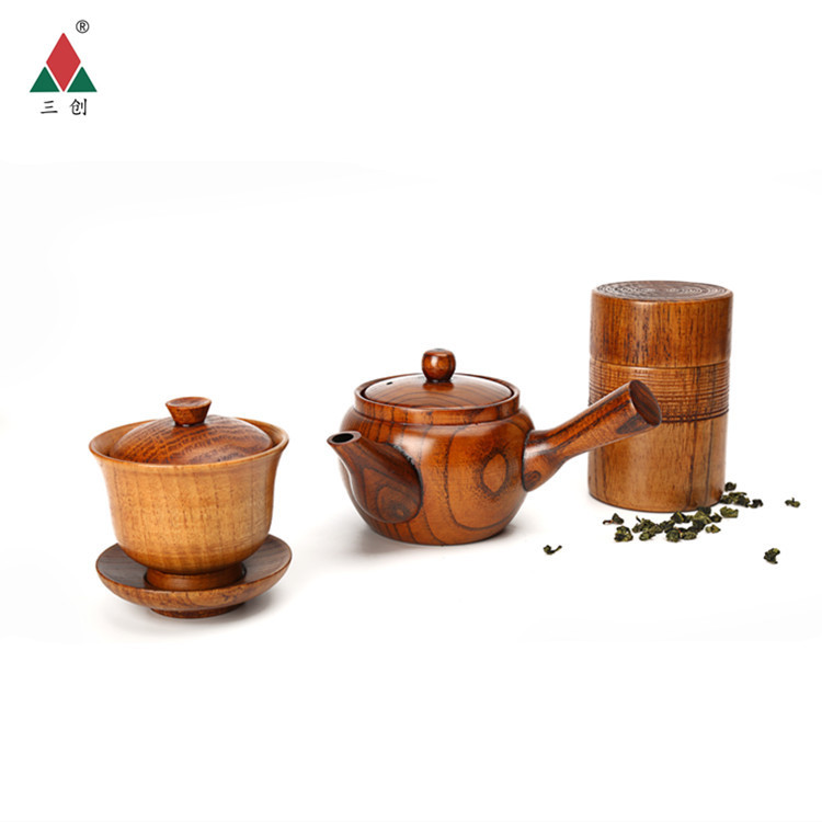 三创 创意木质茶具套装 功夫茶具组合 茶杯茶壶带盖茶叶罐三件套