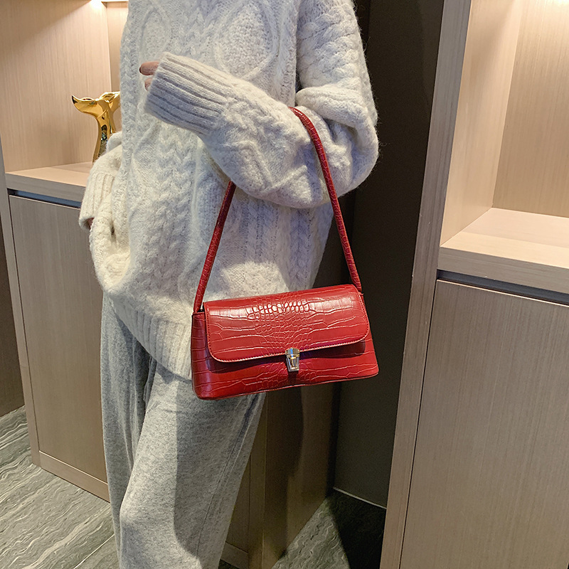 Crocodile Patterned Shoulder Bag - Black