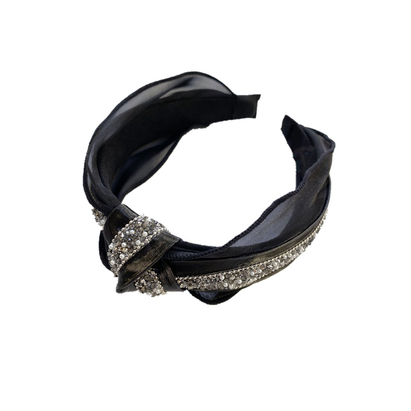 Korean version of pearl studded knotted hoop, simple elegant, with diamond bars in the middle wide edge headband, tied_voghion.com