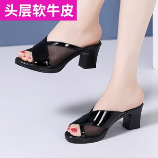 漆皮鱼嘴拖鞋女中跟2020新款百搭网纱凉拖鞋粗跟外穿高跟大码拖鞋