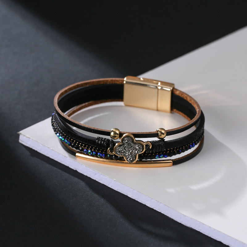 1 Piece Retro Four Leaf Clover Pu Leather Alloy Handmade Rhinestones Womenu0027S Bangle