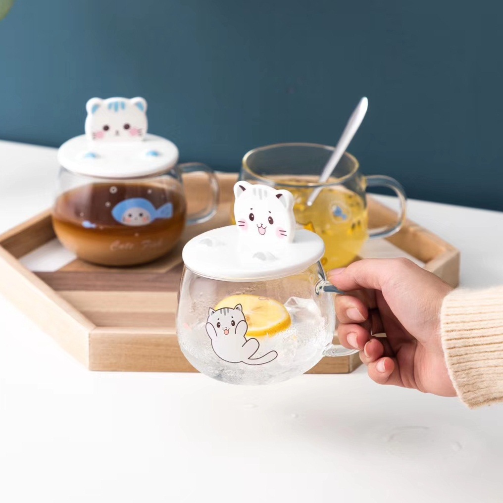 Lindo gato de alta temperatura resistente taza vidrio con tapa cuchara regalo personalizado dibujos animados agua publicidad LOGO