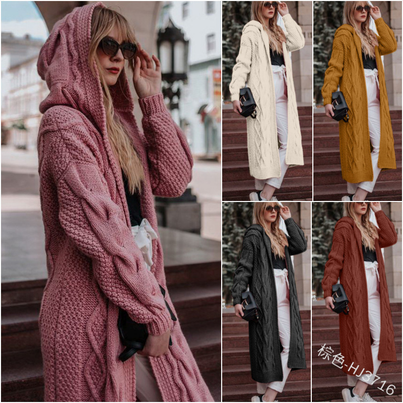 Foreign trade new wish European and American autumn and winter hot solid color hooded long loose cardigan sweater twist sweater women Foreign trade new wish European and American autumn and winter hot solid color hooded long loose cardigan sweater twist sweater women