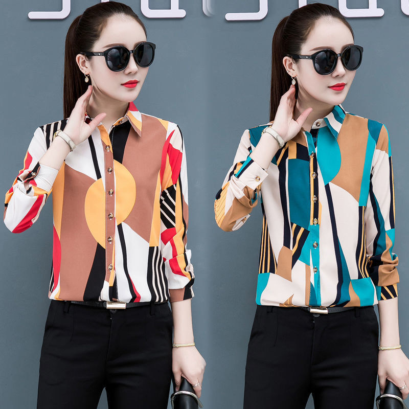 Camisa estampada de manga larga para mujer 2020 Primavera y otoño Nuevo estilo coreano elegante Top slim fit para mujer que adelgaza la camisa de fondo