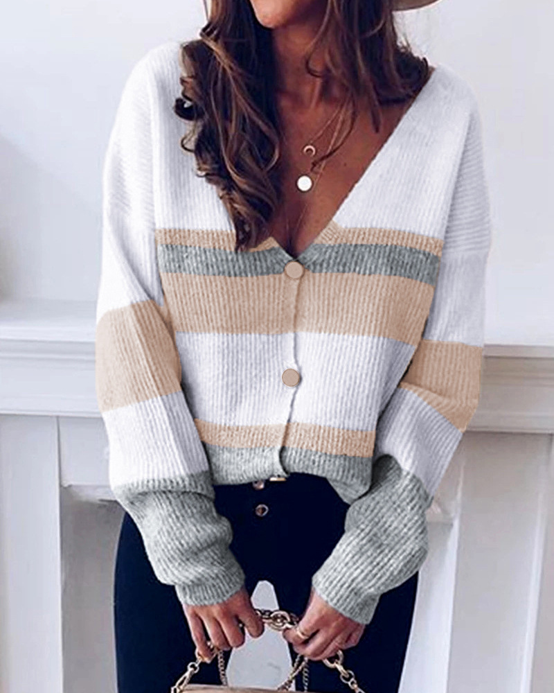 Women's Clothing 2023 autumn and winter new v-neck button striped patchwork sweater cardigan_voghion.com