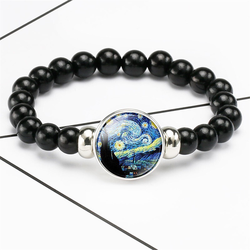Black Beaded Bracelet for Men and Women Van Gogh Famous Painting Starry Moon Night Iris Self-portrait Crystal Bracelet Foreign Trade Jewelry