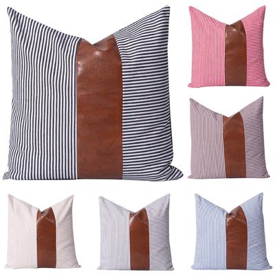 亚马逊款PU皮革涤棉条纹拼接抱枕 厂家直销简约靠包靠垫|ms