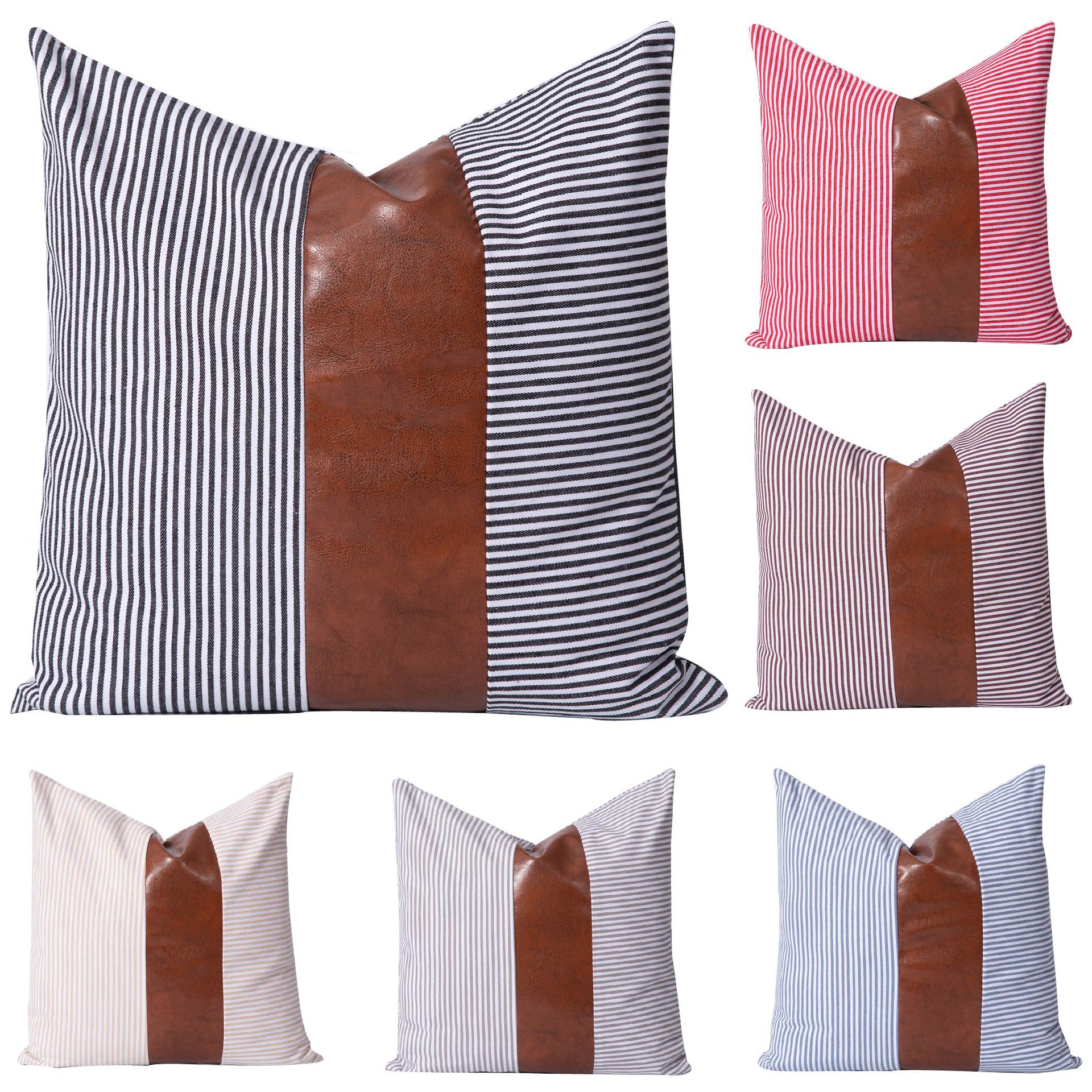 亚马逊款PU皮革涤棉条纹拼接抱枕 厂家直销简约靠包靠垫|ms
