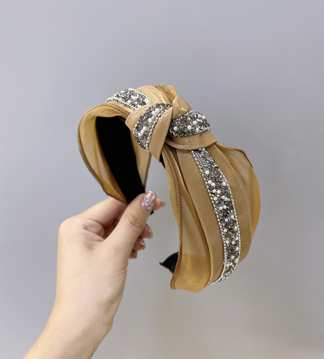 Korean version of pearl studded knotted hoop, simple elegant, with diamond bars in the middle wide edge headband, tied_voghion.com