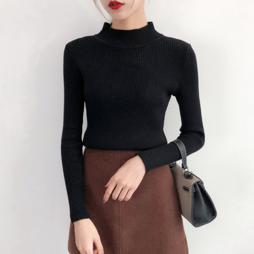 Spring and Autumn new style half turtleneck pullover regular sweater women's inner layer slim solid color long-sleeved bottoming sweater wholesale