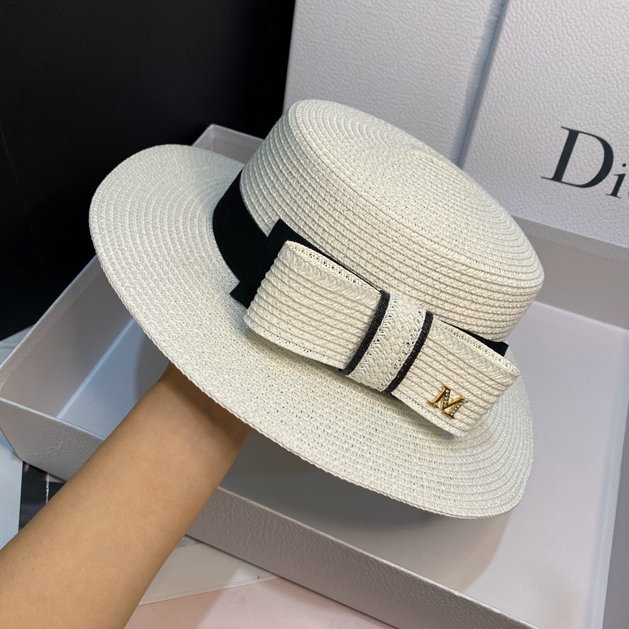 Japanese straw hat summer Dilraba style bow flat top sun hat, wide-brimmed sun hat for outings and sun protection detail image 9