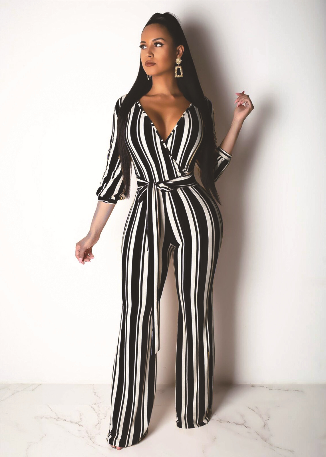 Striped Printed Wide-Leg Long Sleeve Jumpsuit NSMRF116733