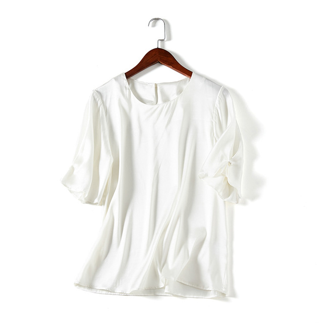 Silk shirt women’s European and American fashion solid color short sleeve heavy weight silk shirt