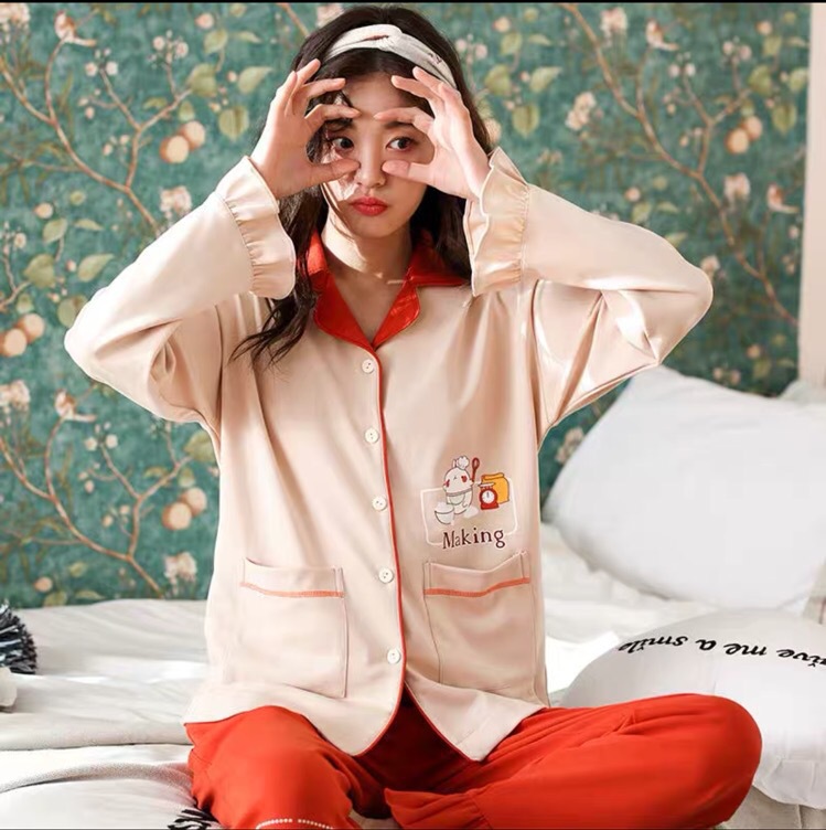 Pijamas traje de primavera y otoño de las mujeres chaqueta de algodón de manga larga ropa para el hogar de las mujeres otoño e invierno se puede usar fuera de traje de dos piezas