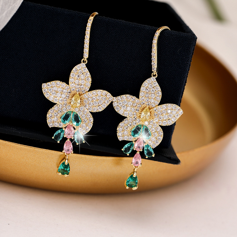 Earrings heavy industry color zircon tassel flower ear hook personality  Earrings women banquet dress accessories