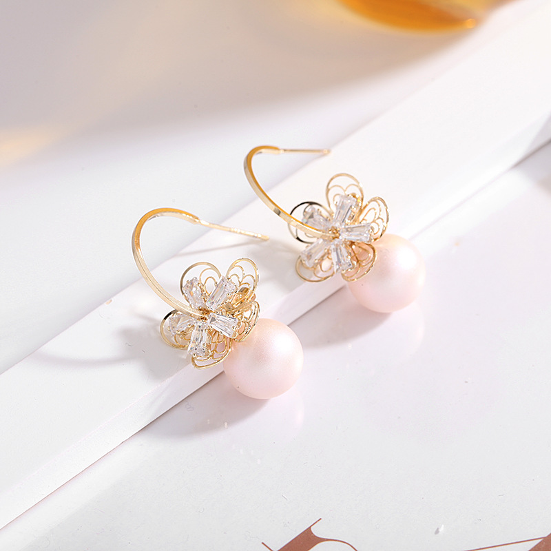 Korea Pearl Earrings 925 Silver Needle Flower Opal Earrings Zircon Earrings Wholesale Nihaojewelry display picture 6