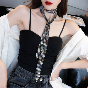 Women ballroom latin dance performance shining multi drain drill long tassel clavicle chain personality neck with Black Retro Necklace female