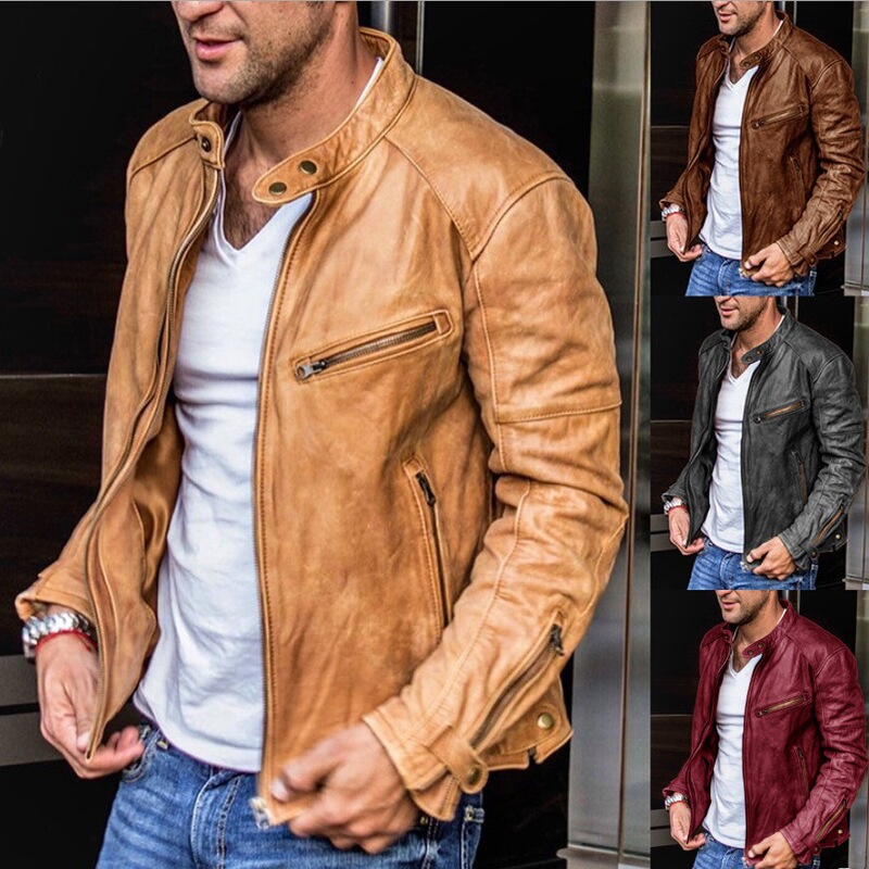 Foreign Trade European and American Men's PU Leather Clothing Men's Youth Men's Vertical Collar Punk Motorcycle Leather Jacket Large Size Men's Jacket
