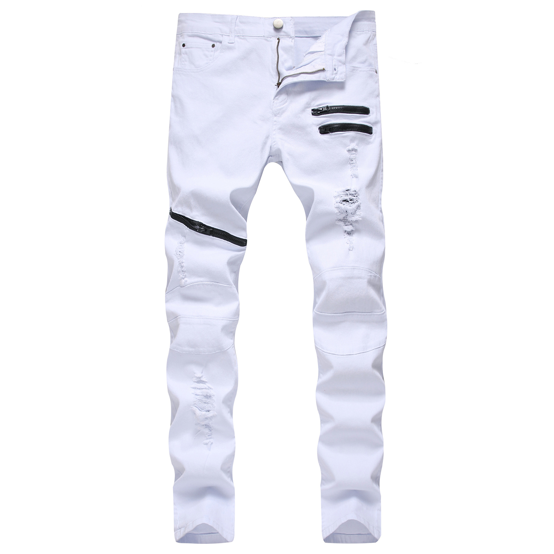 Men'S Zipper Casual Jeans Three Color Broken Hole Zipper Slim Straight Tube Men'S Pants