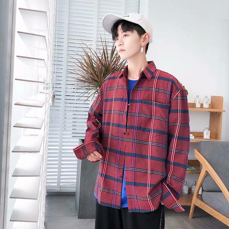 2020 camisa a cuadros de manga larga de estilo coreano de los hombres slim fit juventud moda guapo camisa pareja casual Camisa delgada